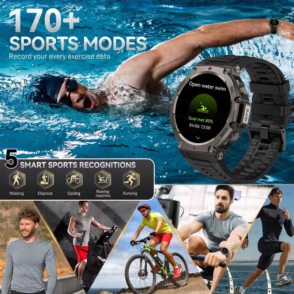 Outdoor Military GPS Smart Watch 1.43" AMOLED Screen IP69K Waterproof Compass Bluetooth call Sports Swim Bracelet (Sports Watch)
