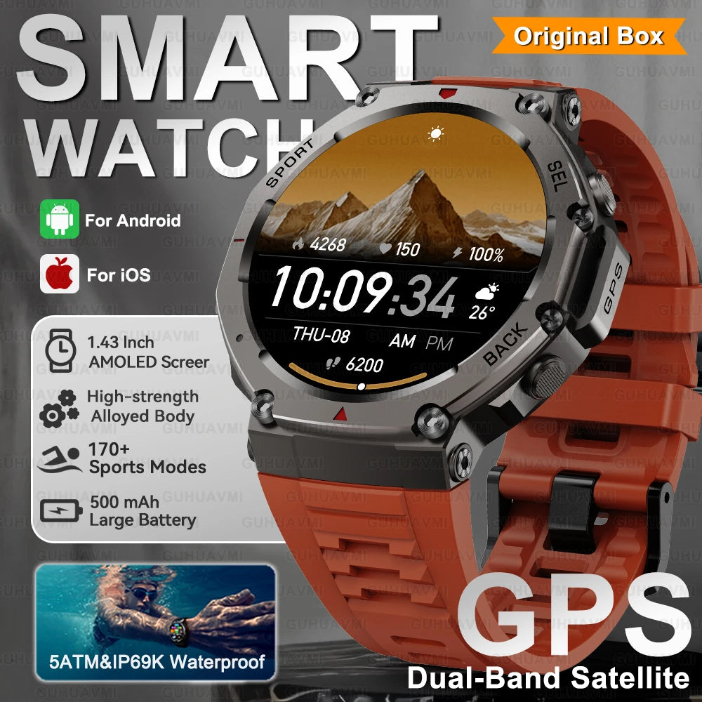 Outdoor Military GPS Smart Watch 1.43" AMOLED Screen IP69K Waterproof Compass Bluetooth call Sports Swim Bracelet (Sports Watch)