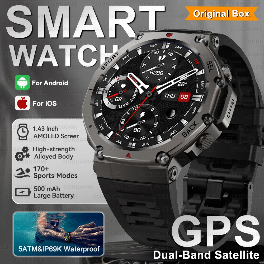 Outdoor Military GPS Smart Watch 1.43" AMOLED Screen IP69K Waterproof Compass Bluetooth call Sports Swim Bracelet (Sports Watch)