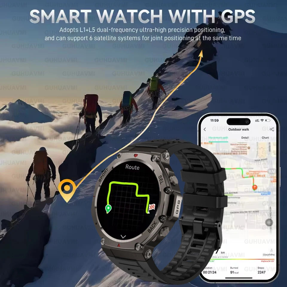Outdoor Military GPS Smart Watch 1.43" AMOLED Screen IP69K Waterproof Compass Bluetooth call Sports Swim Bracelet (Sports Watch)