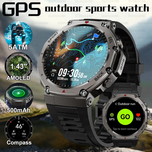 Outdoor Military GPS Smart Watch 1.43" AMOLED Screen IP69K Waterproof Compass Bluetooth call Sports Swim Bracelet (Sports Watch)