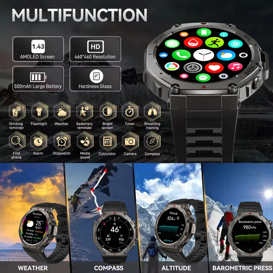 Outdoor Military GPS Smart Watch 1.43" AMOLED Screen IP69K Waterproof Compass Bluetooth call Sports Swim Bracelet (Sports Watch)