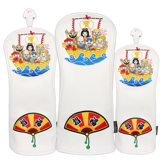 PU Leather Japan SEVEN GODs  Full Embroidery Golf Headcover Golf Driver Wood UT Hybrid  Head Covers